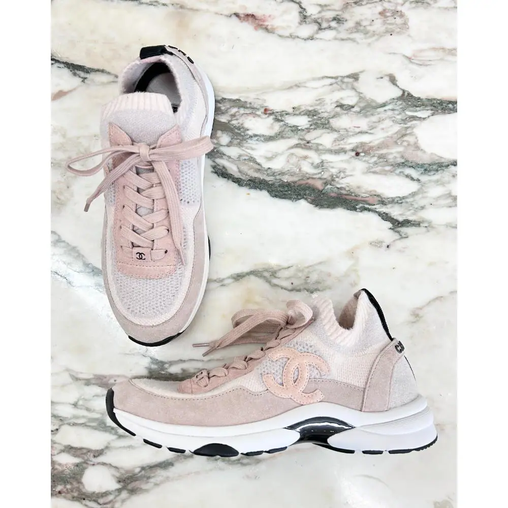 Chanel 2024 pale pink knit & suede sneakers ~ sz 37.5
