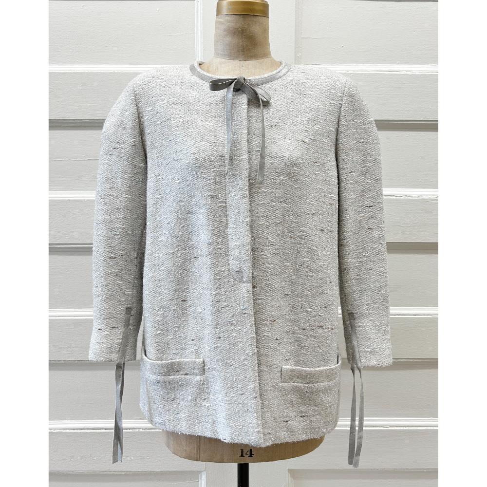 Chanel 1999 silver tweed jacket w/ leather ties