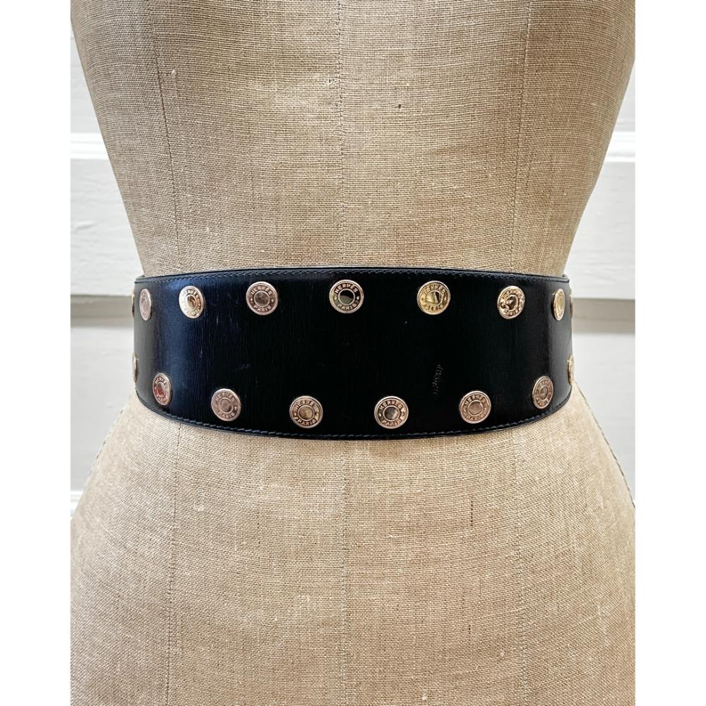 Hermès 1983 black leather belt w/ gold plated 'Clou de Selle' studs