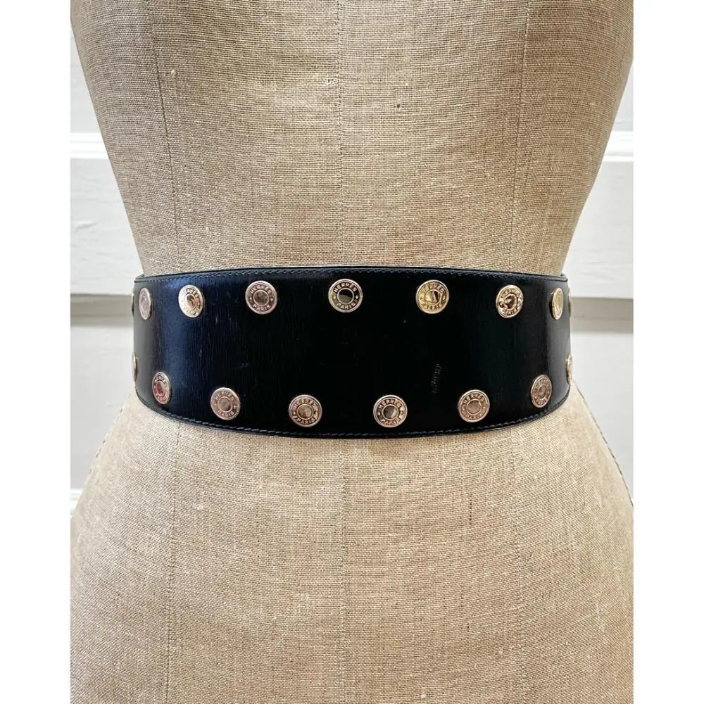 Hermès 1983 black leather belt w/ gold plated 'Clou de Selle' studs