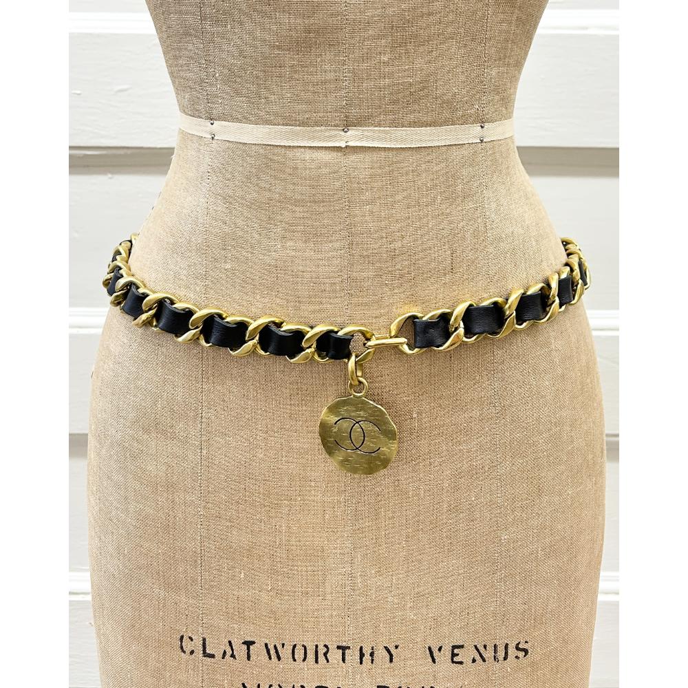 Chanel 1995 gold chain & black leather belt w/ logo charm