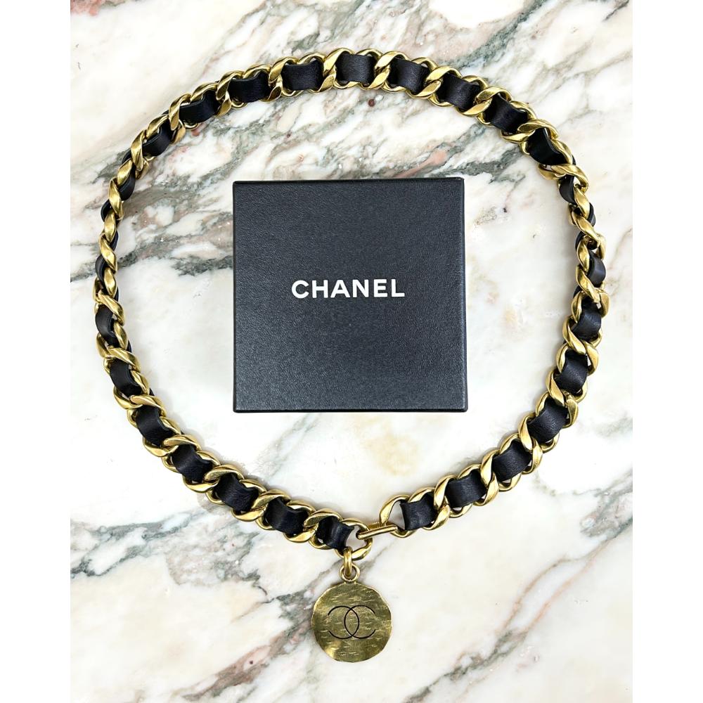 Chanel 1995 gold chain & black leather belt w/ logo charm