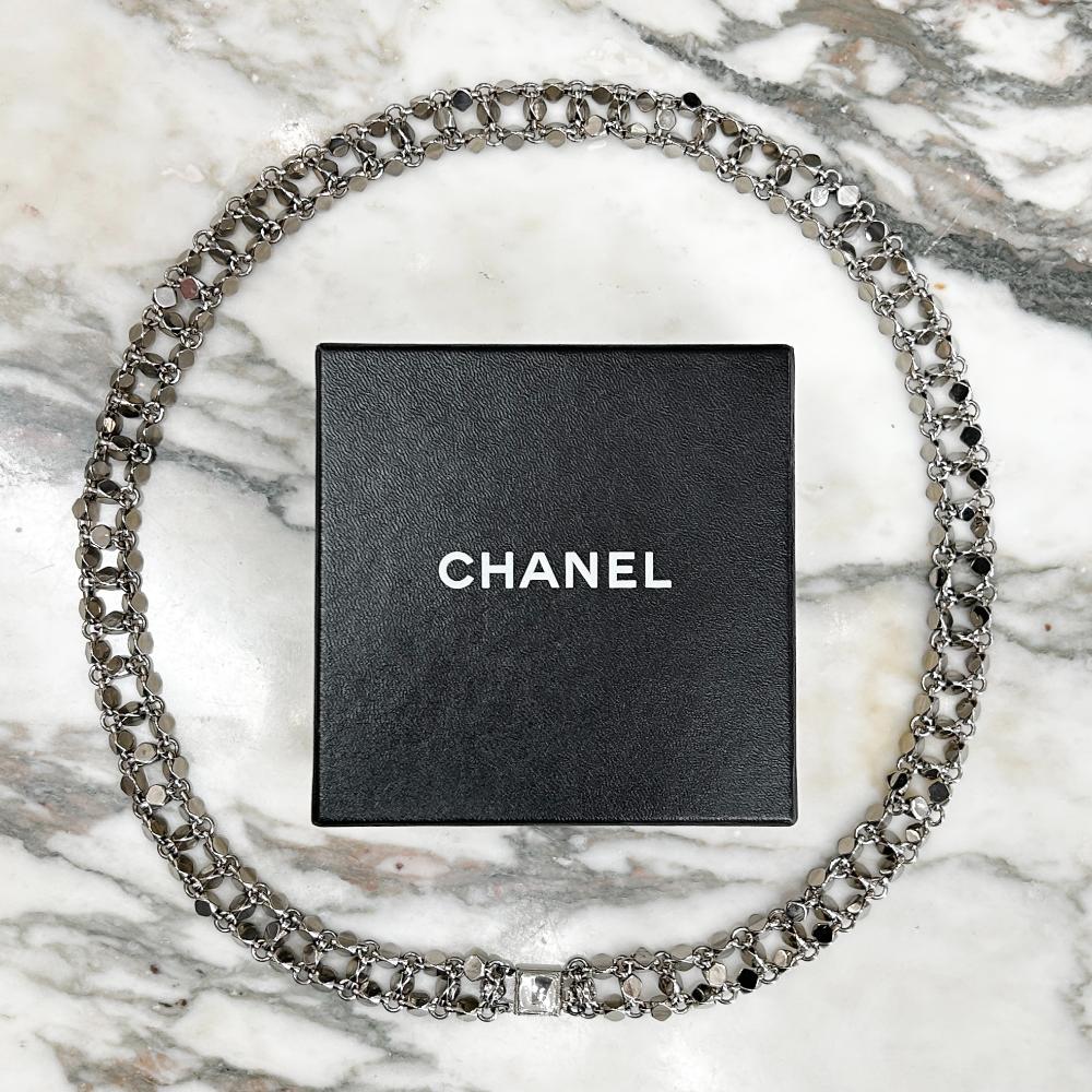 Chanel 1998 silver bead chain belt with clear Gripoix clasp