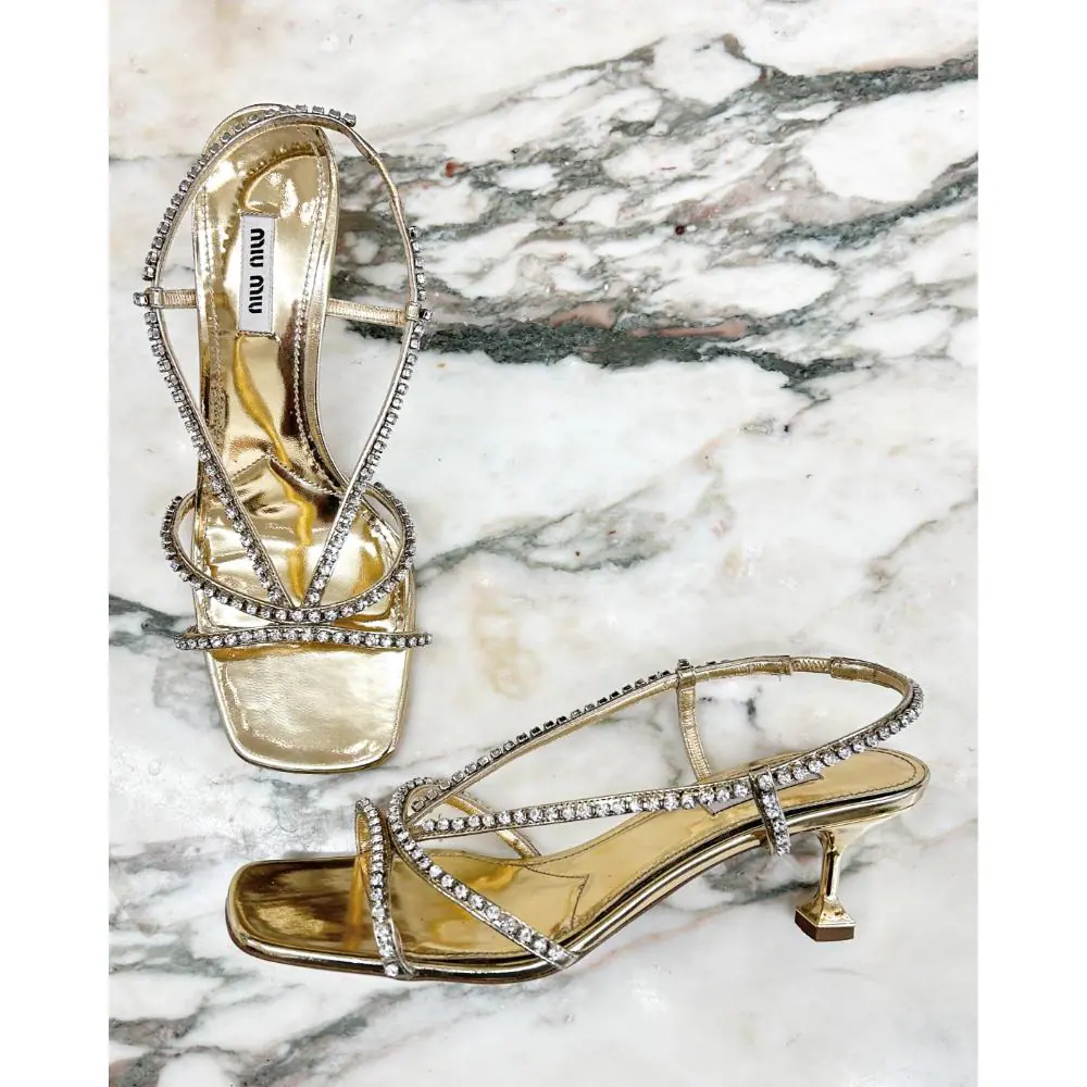 Miu Miu gold & crystal strap heeled sandals ~ sz 38.5