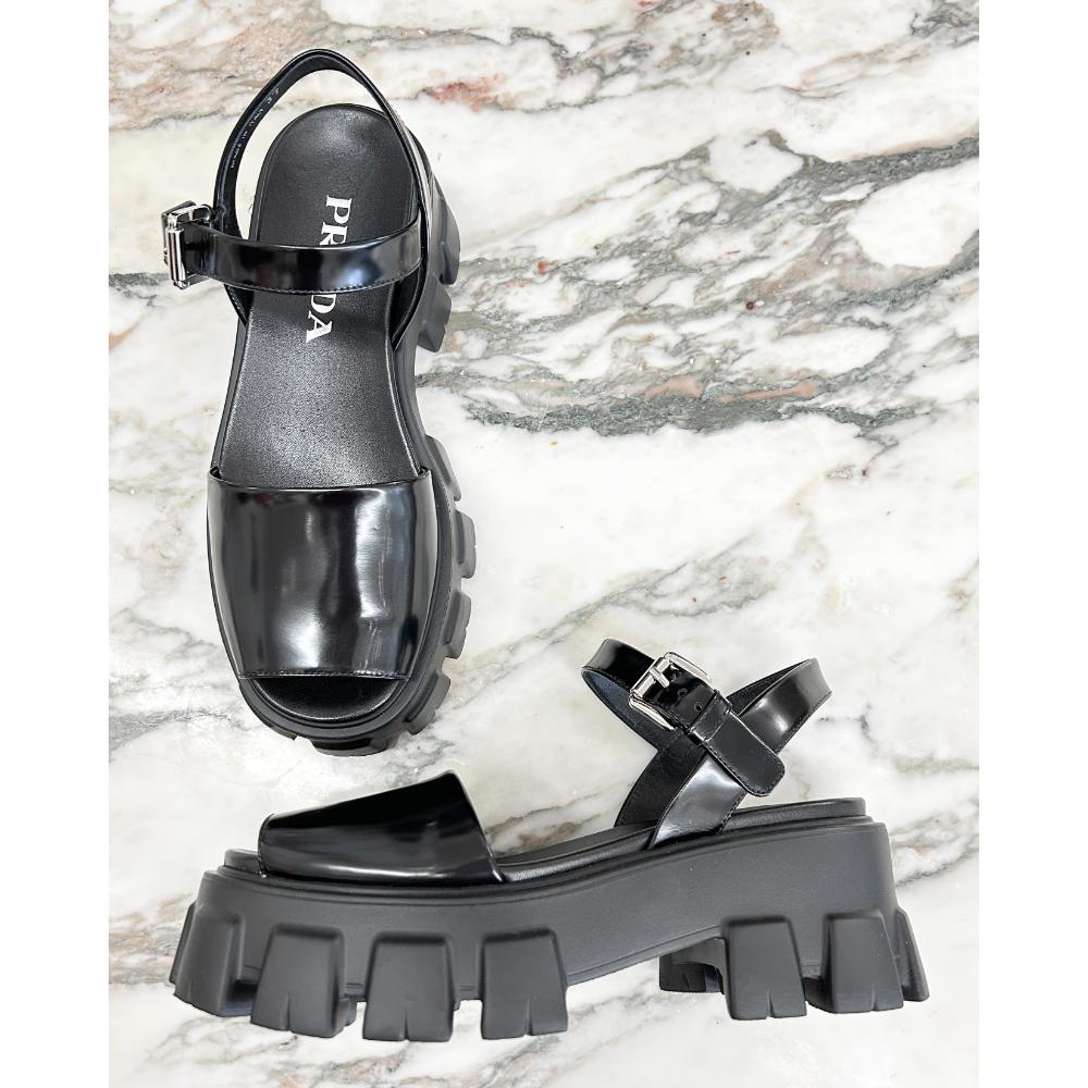 Prada Monolith brushed black leather sandals ~ sz 37
