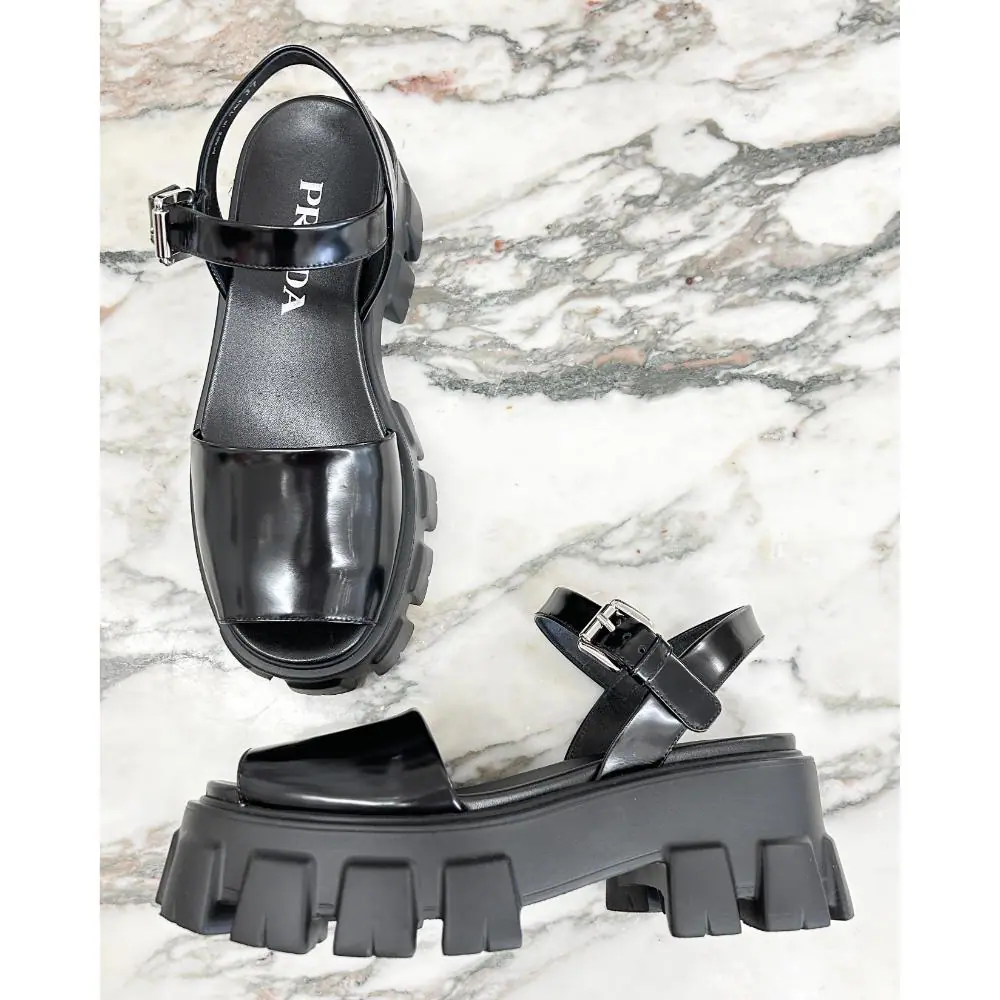 Prada Monolith brushed black leather sandals ~ sz 37