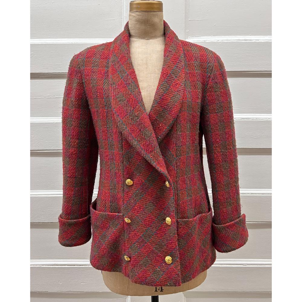 Chanel 1980's red & green fleck tweed double breasted jacket