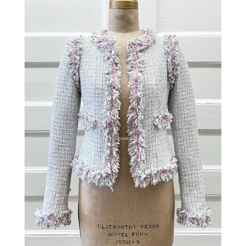 Chanel 2004 pastel Lesage tweed fringe jacket
