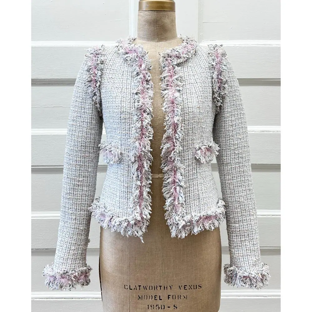Chanel 2004 pastel Lesage tweed fringe jacket