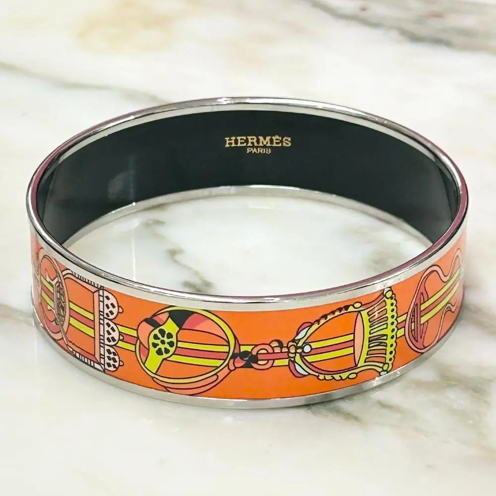 Hermès orange enamel Concours d'Etriers wide bangle bracelet