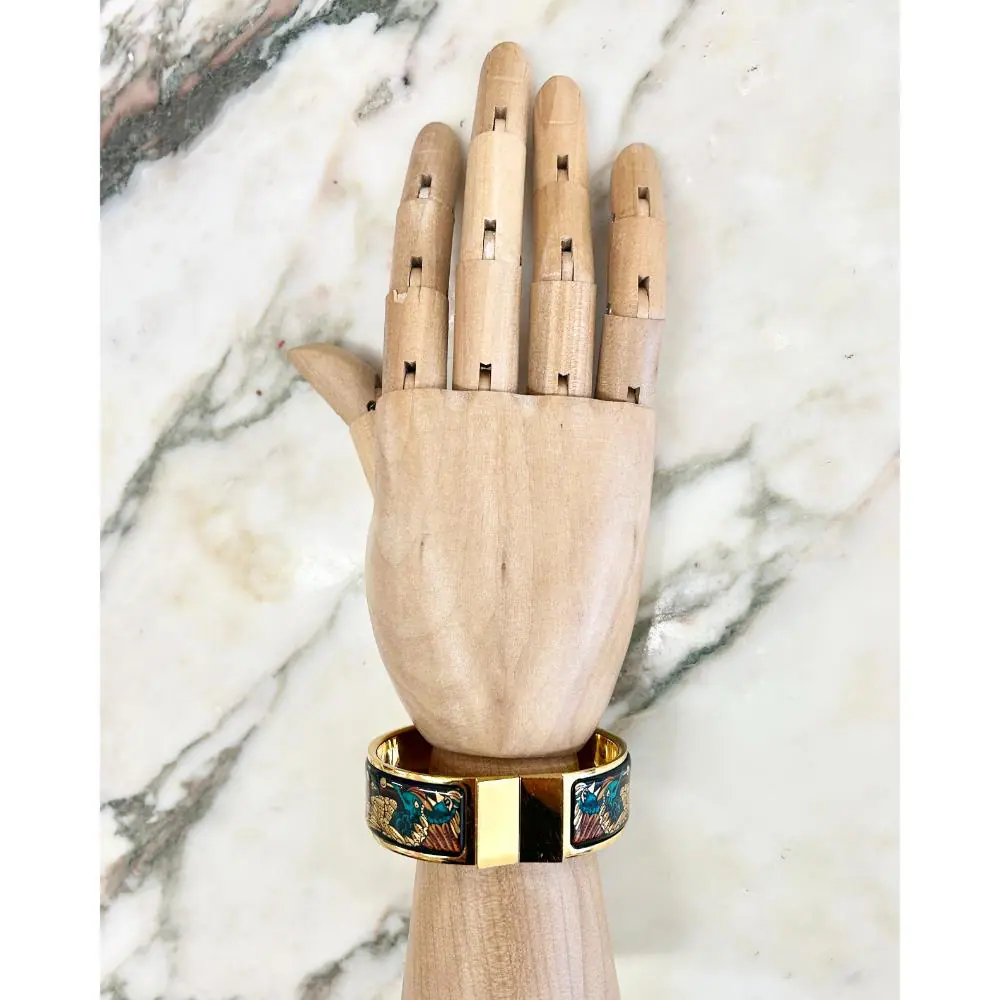 Hermès enamel peacock print clasp bracelet