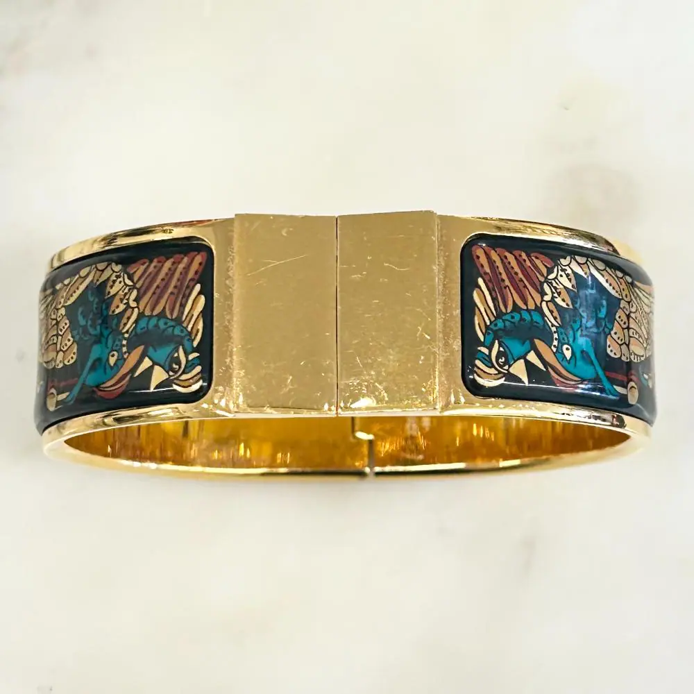 Hermès enamel peacock print clasp bracelet