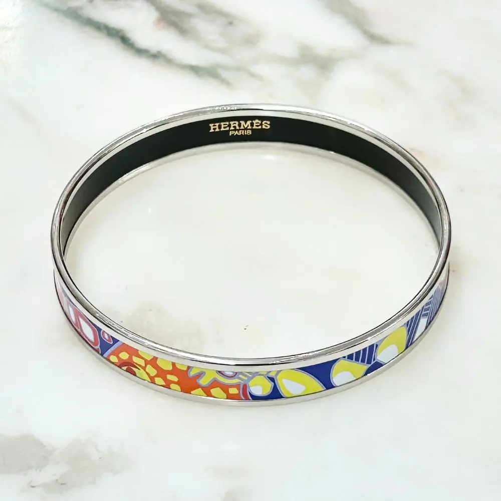 Hermès enamel multi-colour print bangle with palladium trim