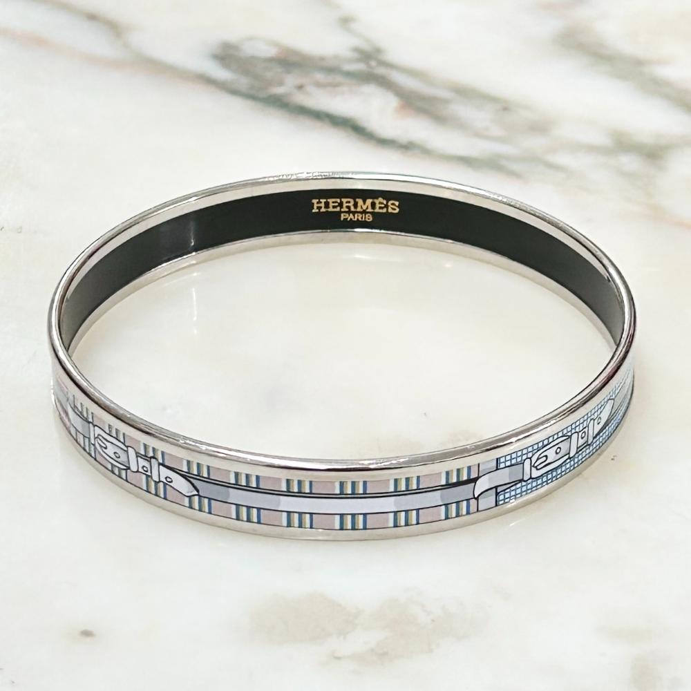 Hermès enamel belt print bangle with palladium trim