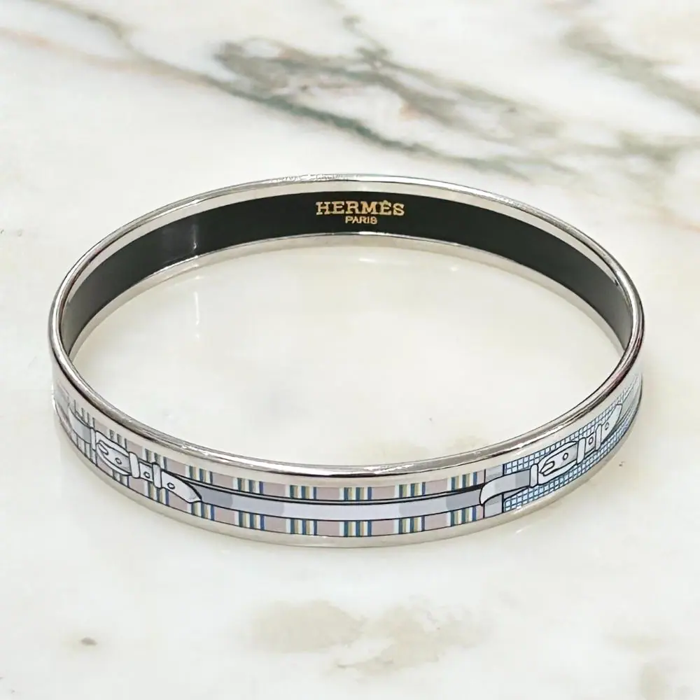 Hermès enamel belt print bangle with palladium trim