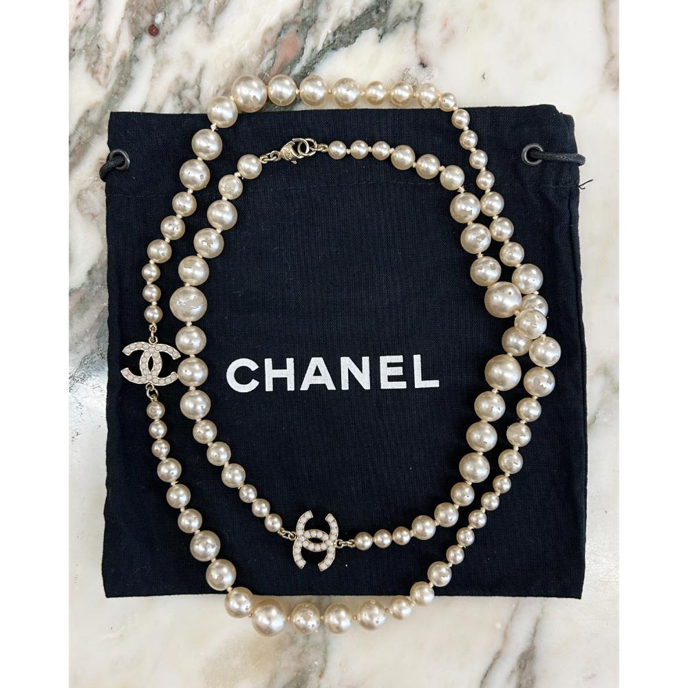 Chanel 2007 long pearl necklace with gold & pearl logo charms