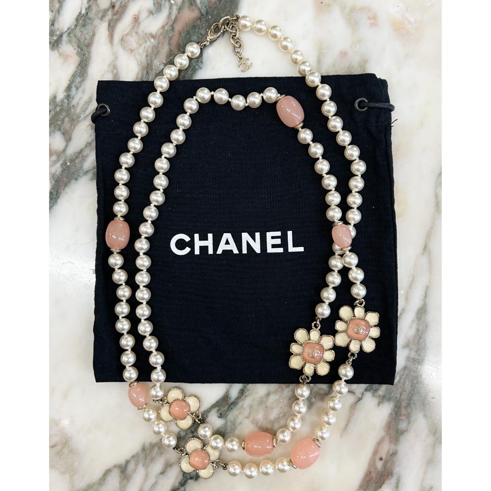 Chanel 2016 long pearl necklace with peach flower charms