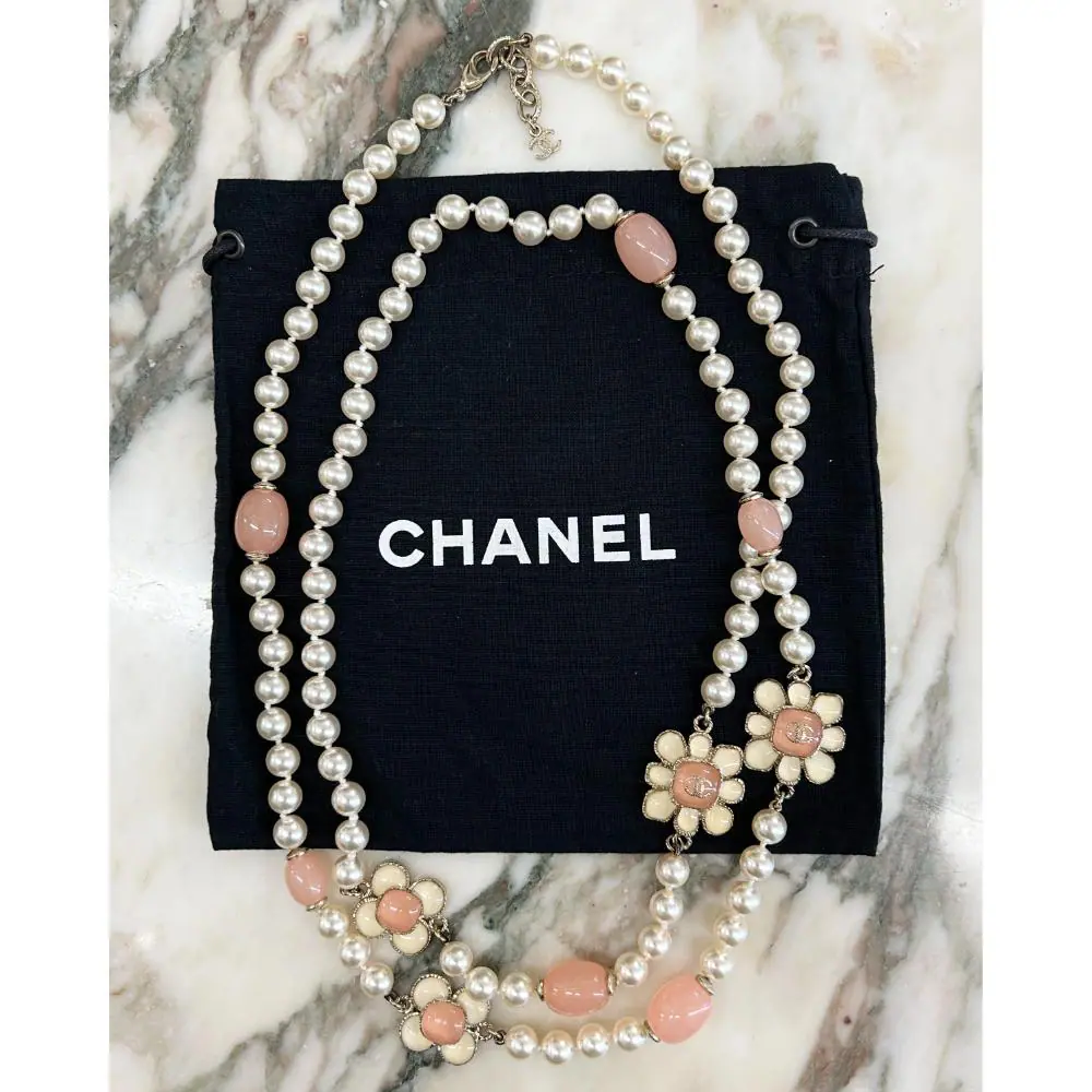 Chanel 2016 long pearl necklace with peach flower charms