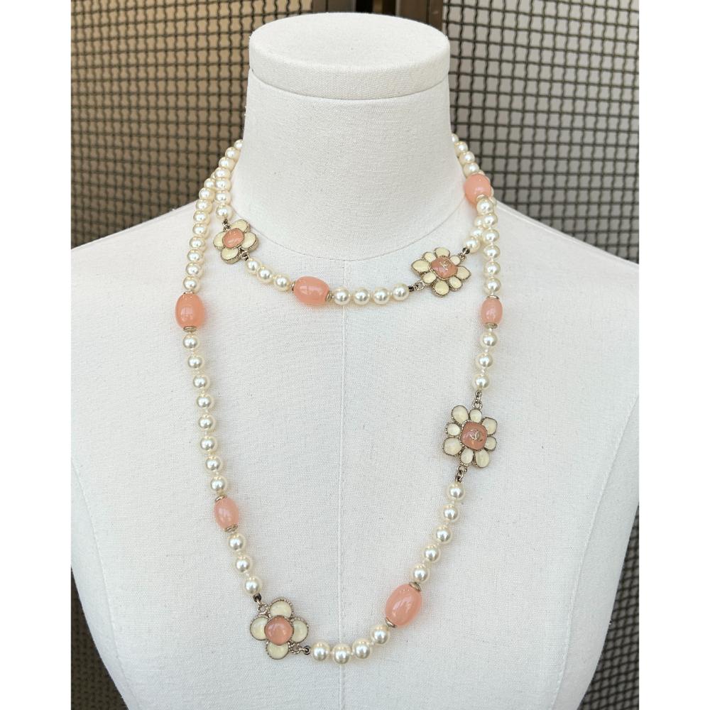 Chanel 2016 long pearl necklace with peach flower charms