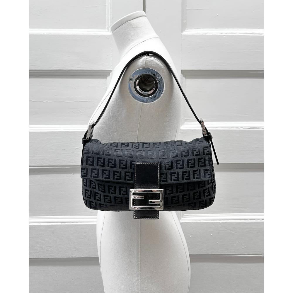 Fendi black Zucchino canvas baguette bag