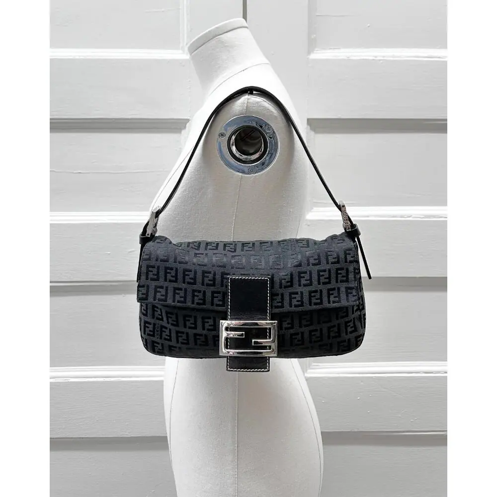 Fendi black Zucchino canvas baguette bag