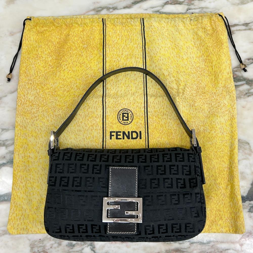 Fendi black Zucchino canvas baguette bag
