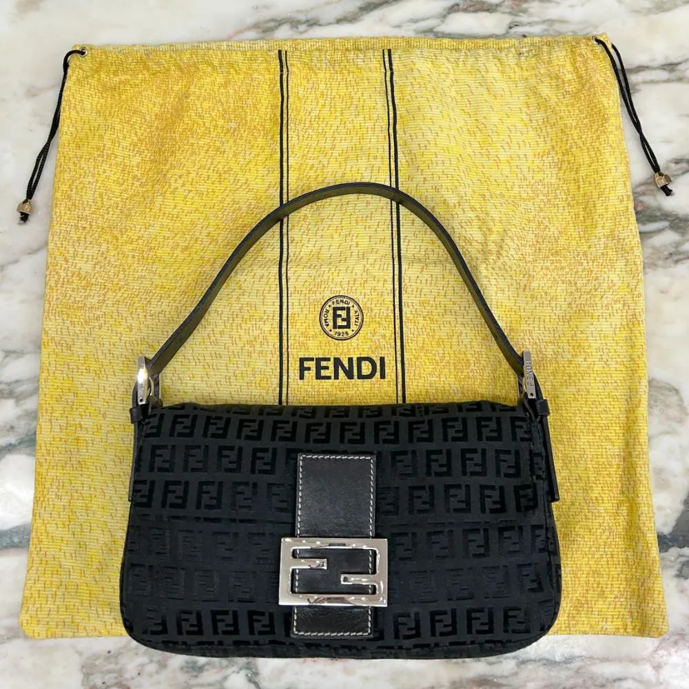 Fendi black Zucchino canvas baguette bag