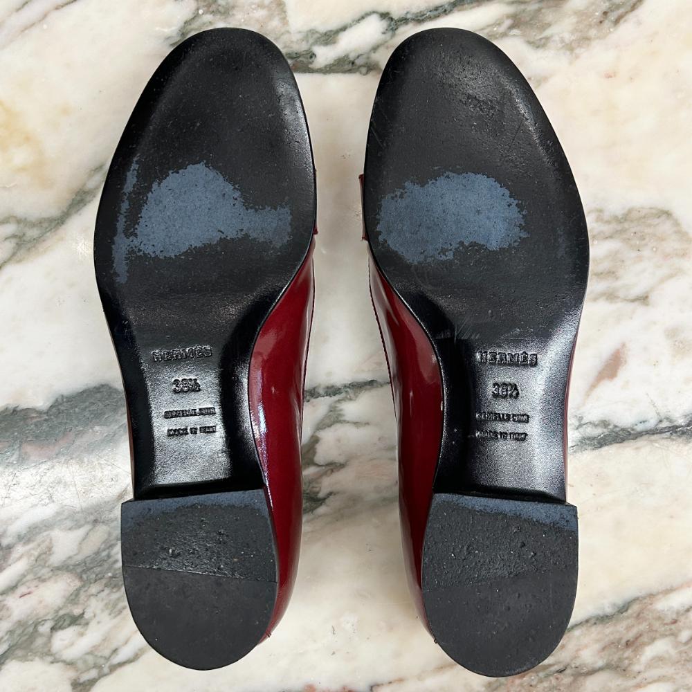 Hermès red patent leather loafers with silver lock detail ~ Size 38.5