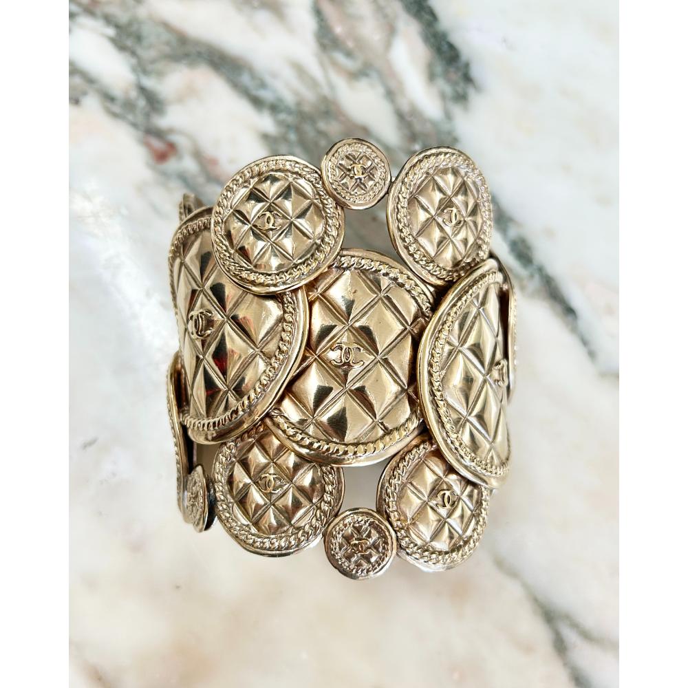Chanel 2015 gold tone quilt effect medallion cuff bracelet