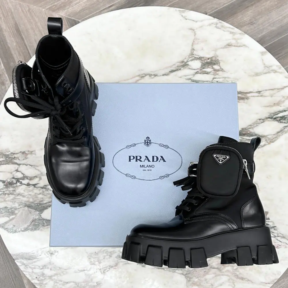 Prada Monolith brushed leather & nylon boots w/ ankle pouch ~ Size 37