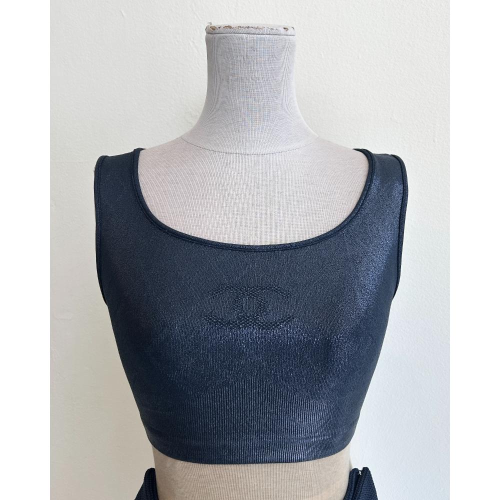 Chanel 2023 navy blue cropped stretch logo top ~ Size M
