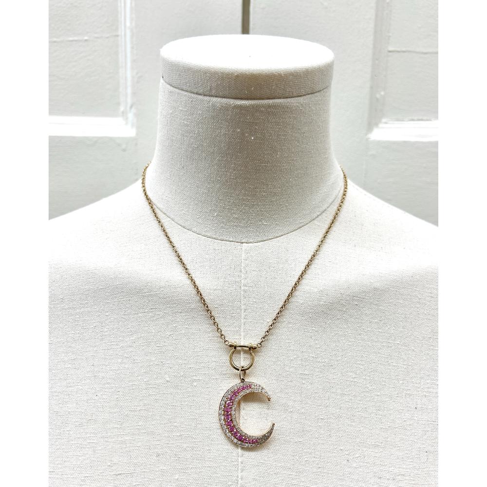 Hayley Style 14k gold necklace with pink sapphire and diamond moon pendent