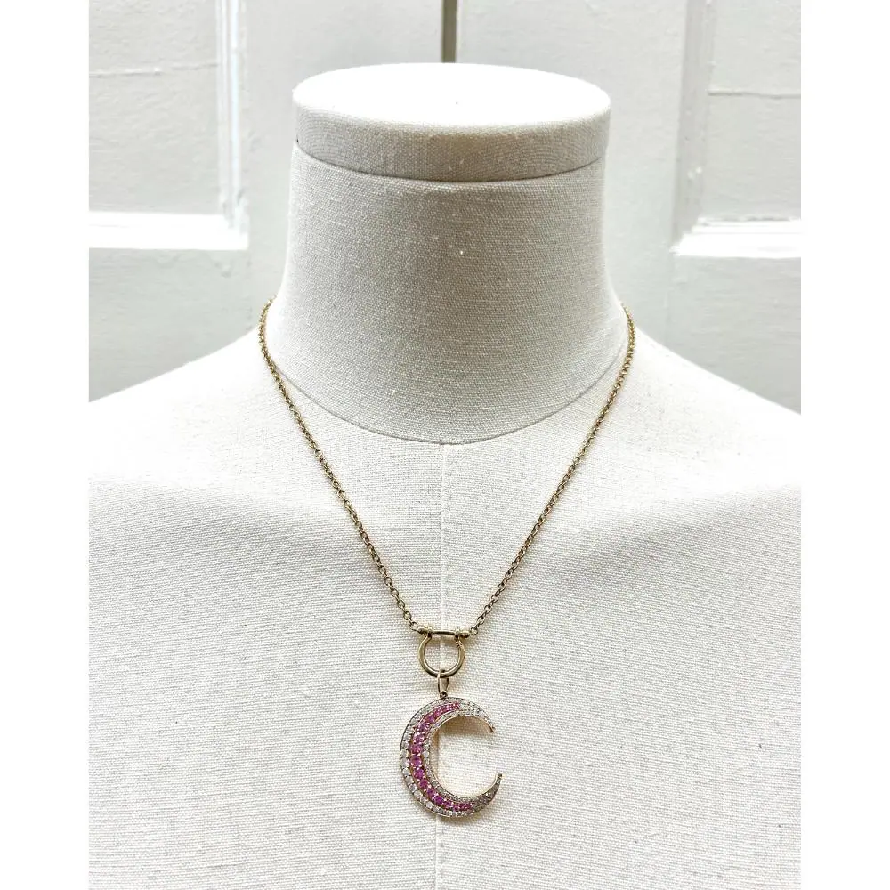 Hayley Style 14k gold necklace with pink sapphire and diamond moon pendent