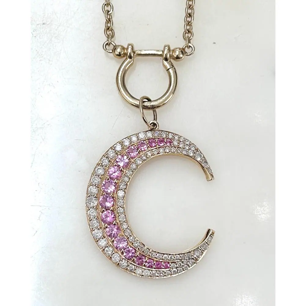 Hayley Style 14k gold necklace with pink sapphire and diamond moon pendent