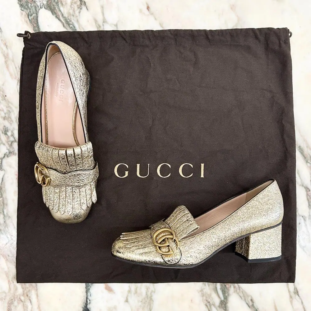Gucci Marmont GG gold crinkle leather block heels ~ sz 37.5