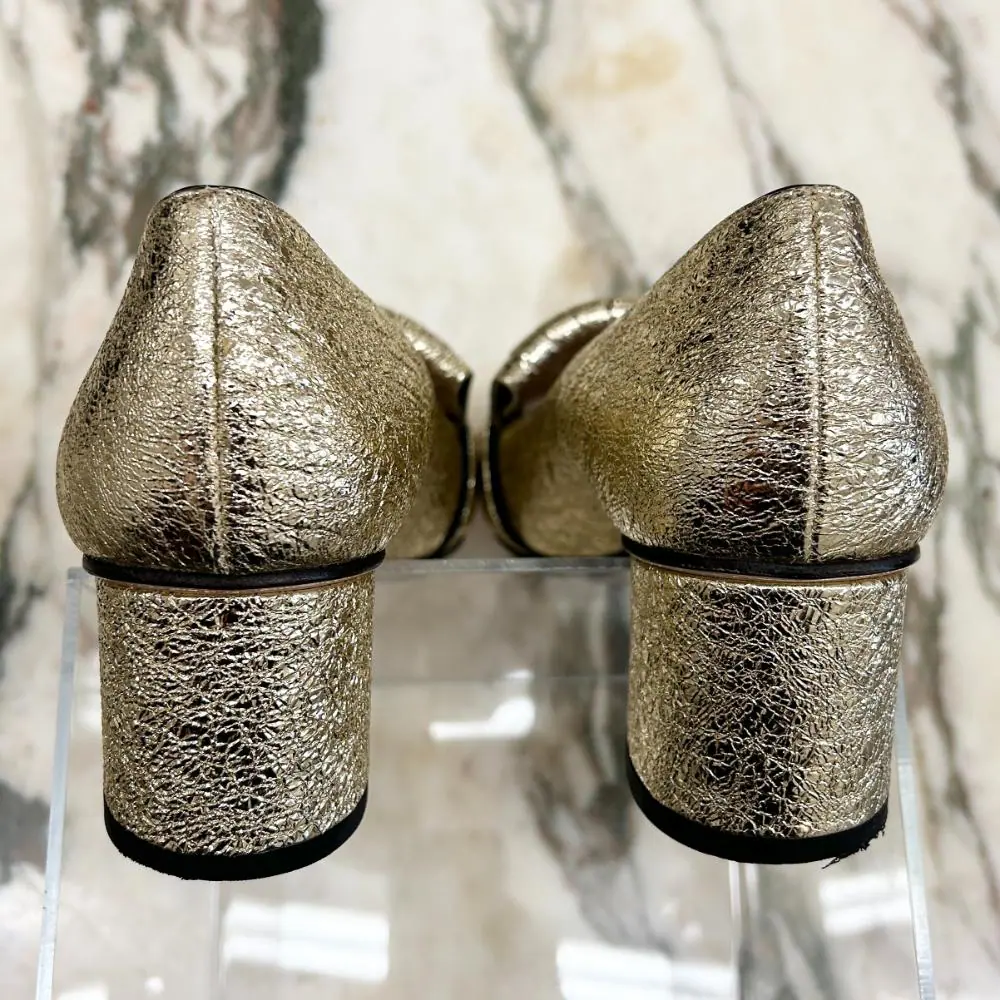 Gucci Marmont GG gold crinkle leather block heels ~ sz 37.5