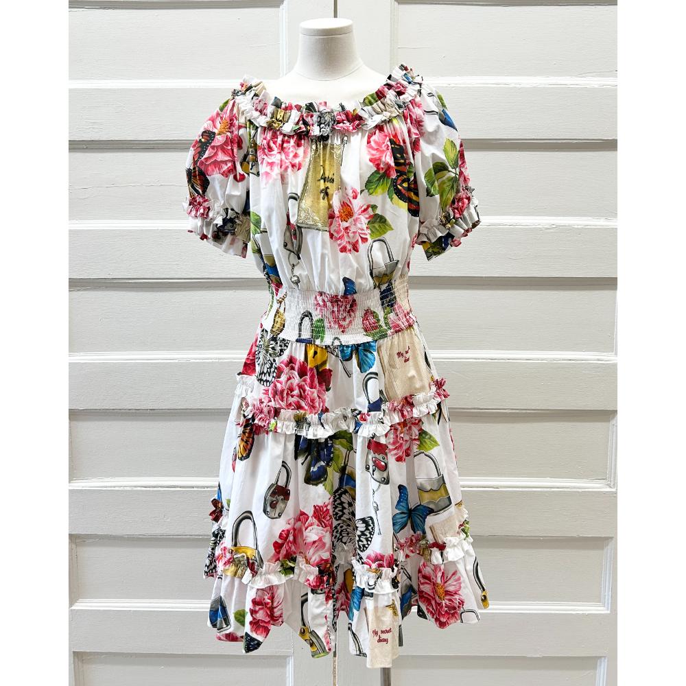 Dolce & Gabbana printed cotton ruffle wide neck dress