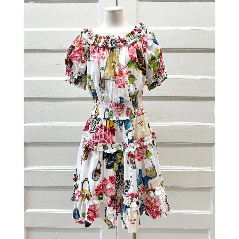 Dolce & Gabbana printed cotton ruffle wide neck dress