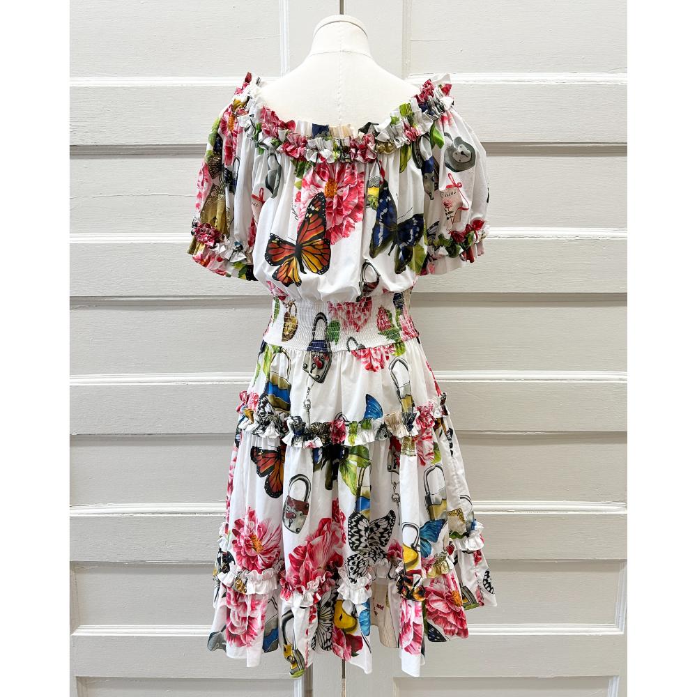 Dolce & Gabbana printed cotton ruffle wide neck dress