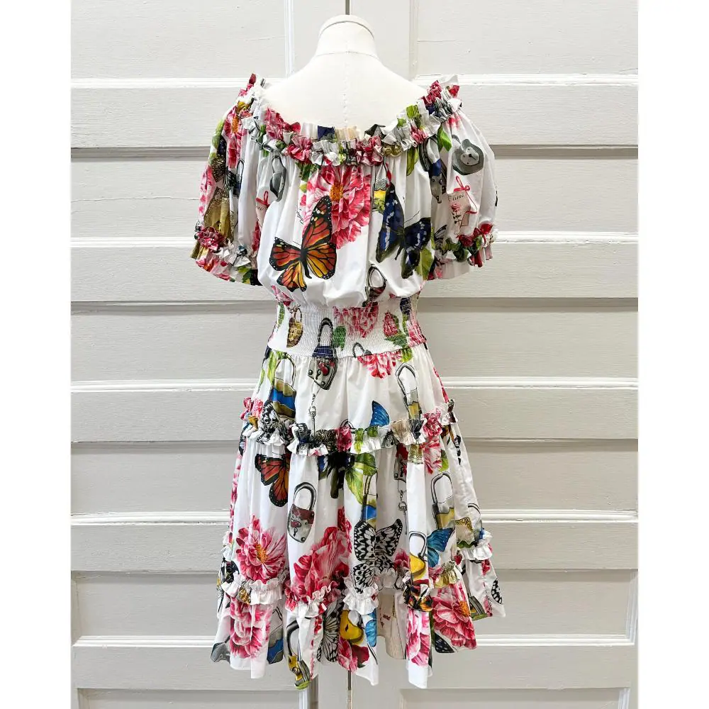 Dolce & Gabbana printed cotton ruffle wide neck dress