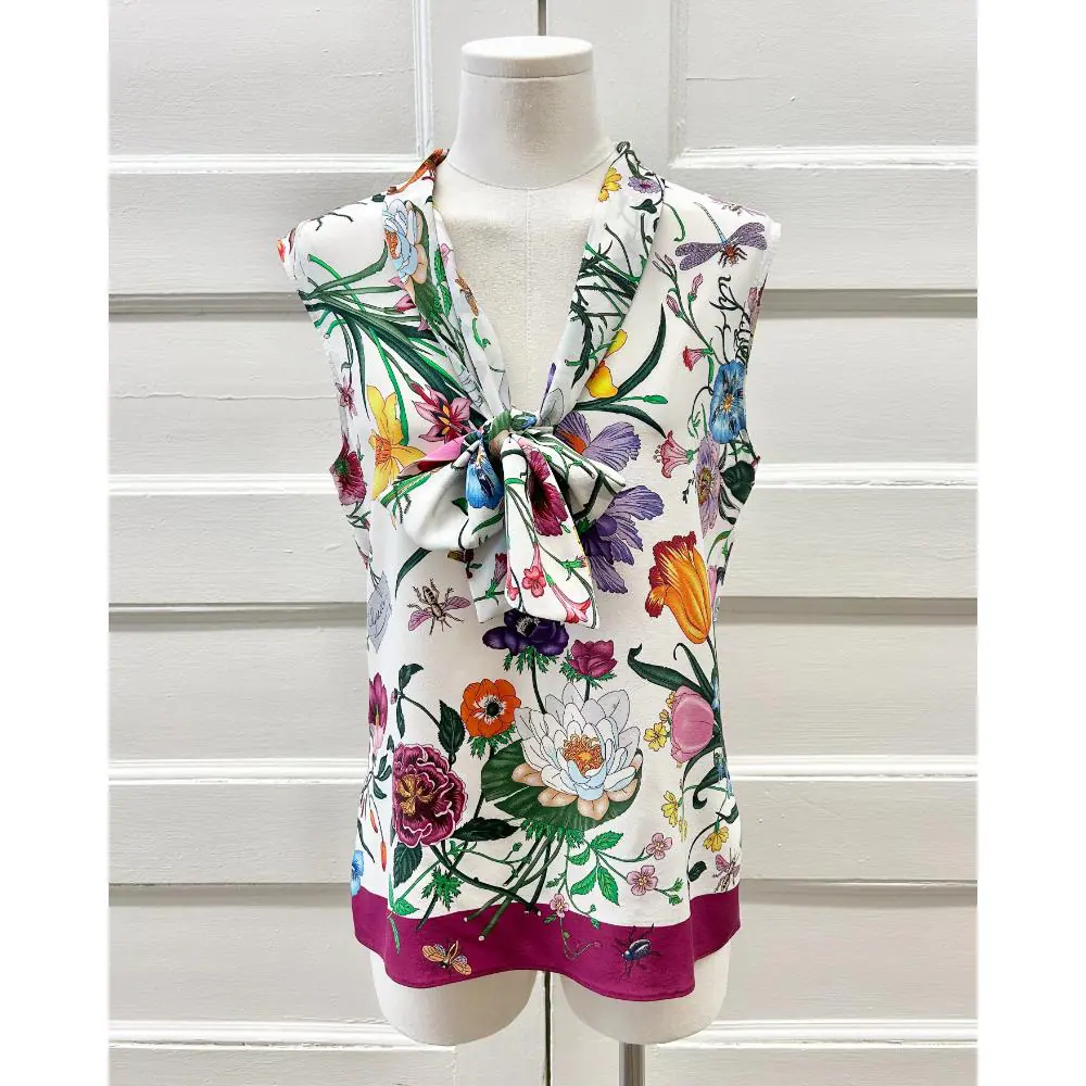Gucci silk Flora & Fauna sleeveless blouse w/ necktie