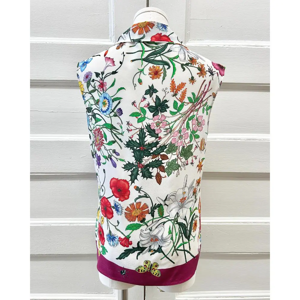 Gucci silk Flora & Fauna sleeveless blouse w/ necktie