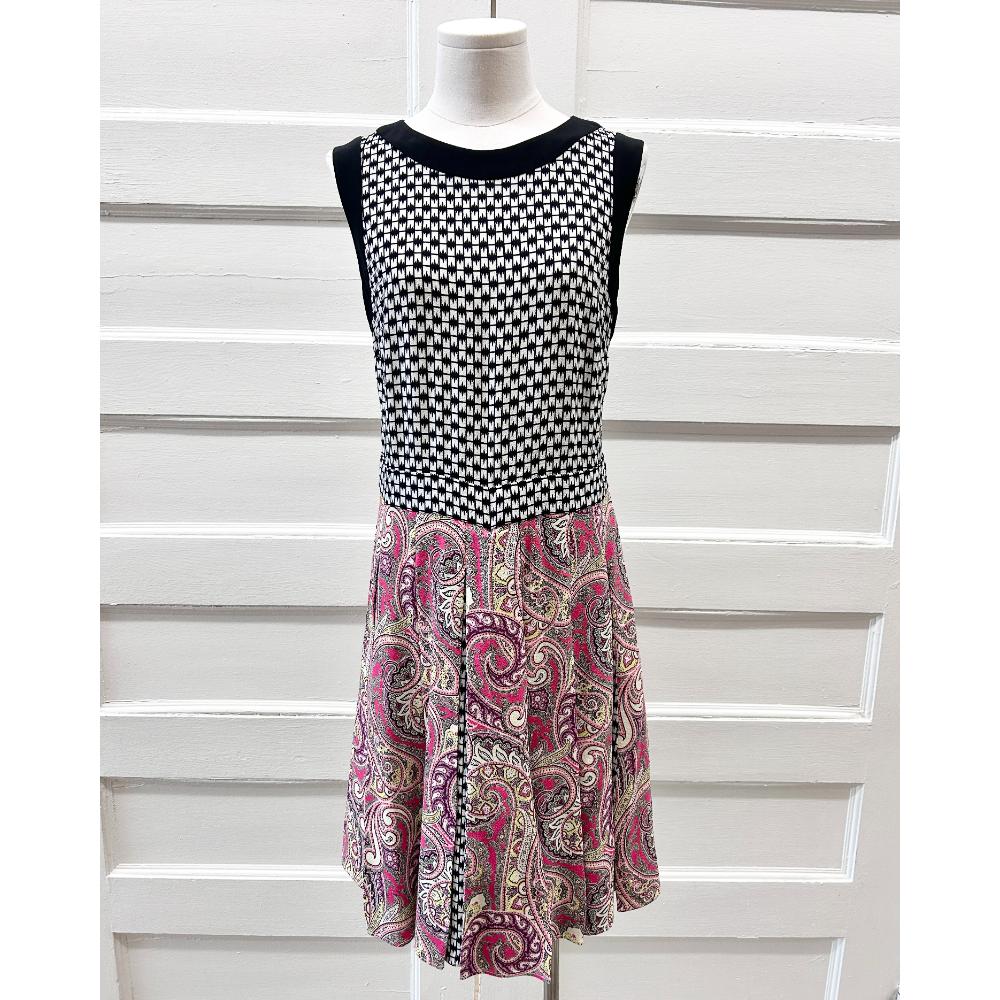 Etro black and white wool dress w/ pink paisley pleated skirt