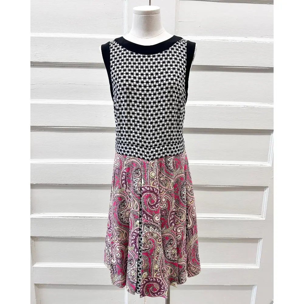 Etro black and white wool dress w/ pink paisley pleated skirt