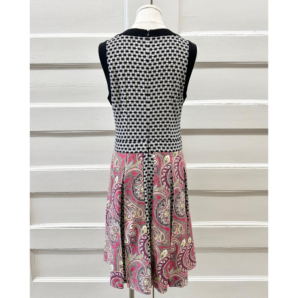 Etro black and white wool dress w/ pink paisley pleated skirt