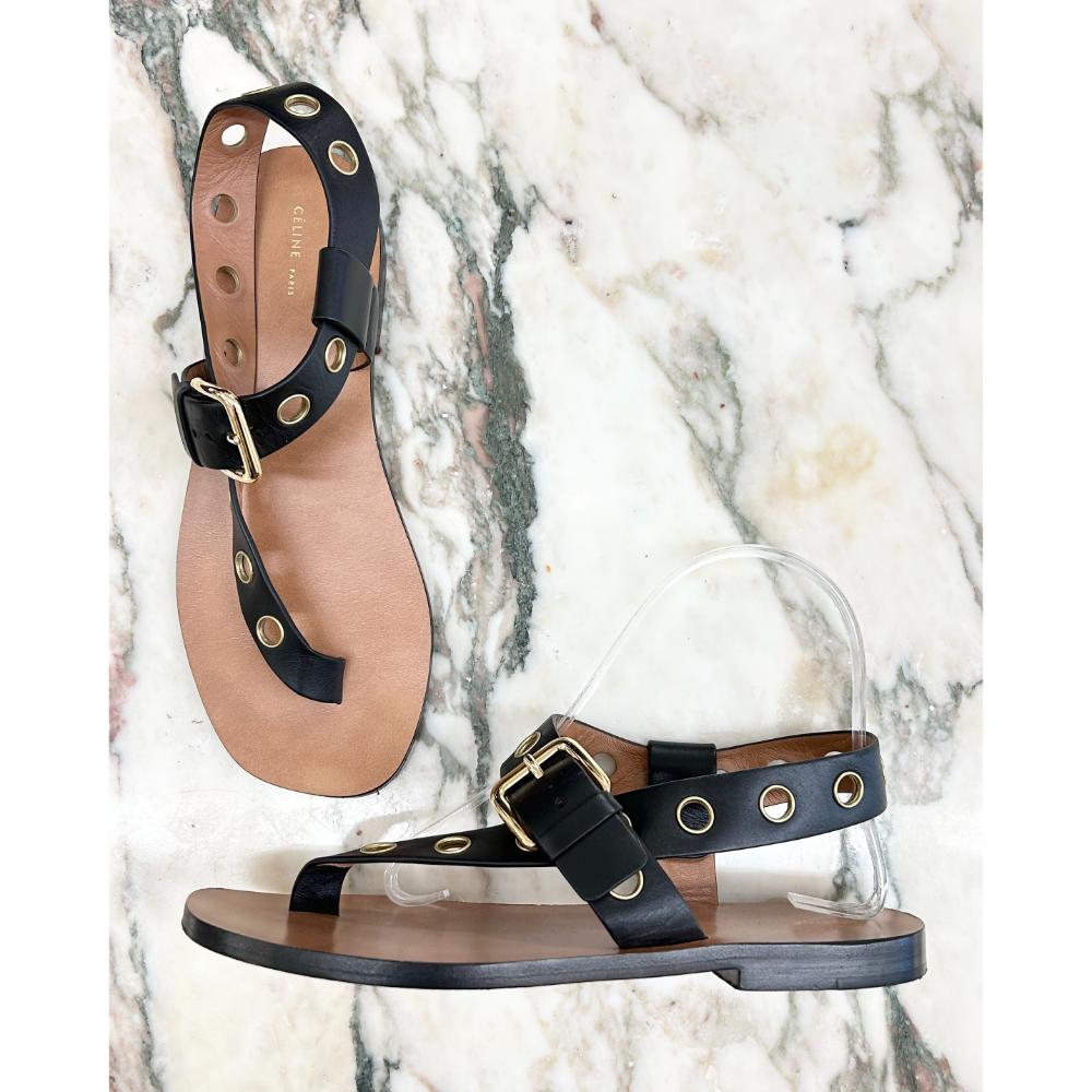 Celine black leather sandals with brass grommets ~ sz 38.5