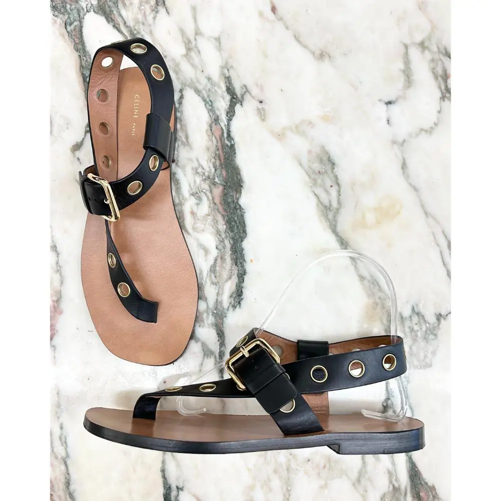Celine black leather sandals with brass grommets ~ sz 38.5