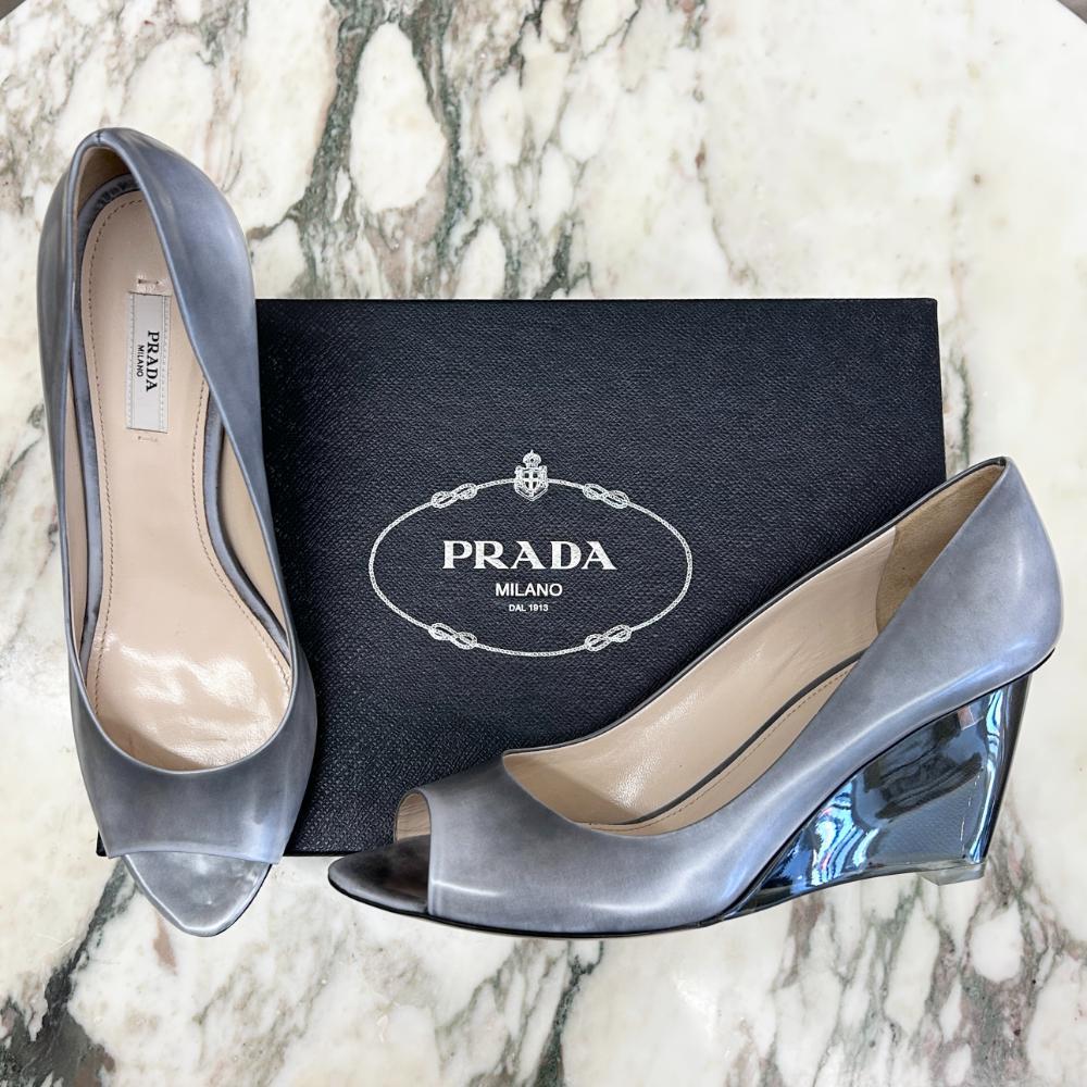 Prada grey peep toe lucite wedge heels ~ Size 39.5