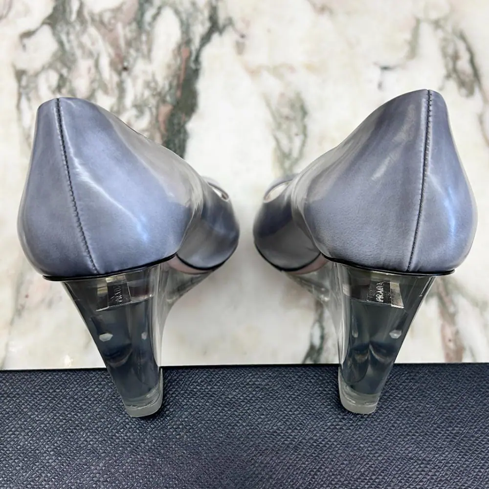 Prada grey peep toe lucite wedge heels ~ Size 39.5