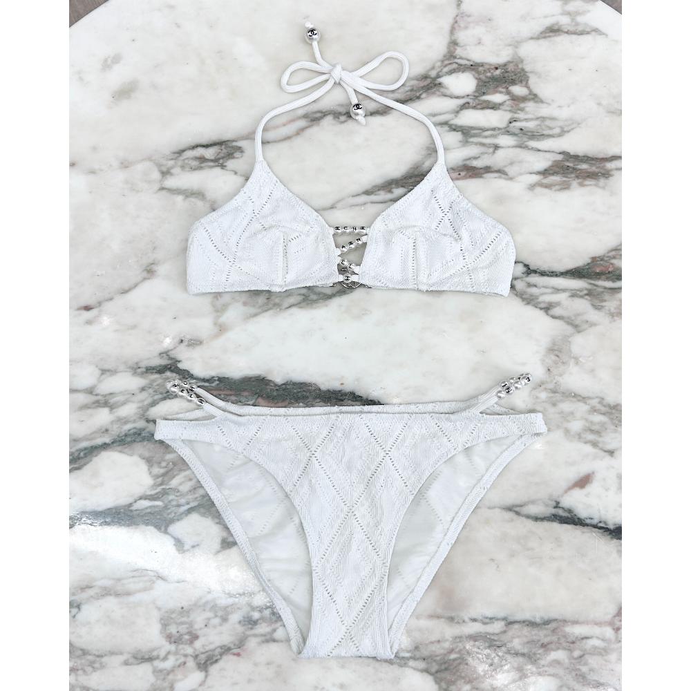 Chanel white bikini with logo pearl accents ~ Size 2